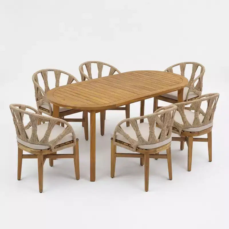 Christopher Knight Home Cascade, set da pranzo Boho da esterno a 7 pezzi in legno di acacia e vimini con tavolo ovale a doghe da esterno