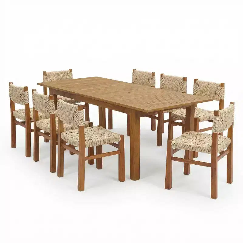 Christopher Knight Home Fineas Set da Pranzo da Esterno Bohemien a 9 Pezzi in Legno di Acacia con Tavolo Espandibile a Doghe e Design in Vimini