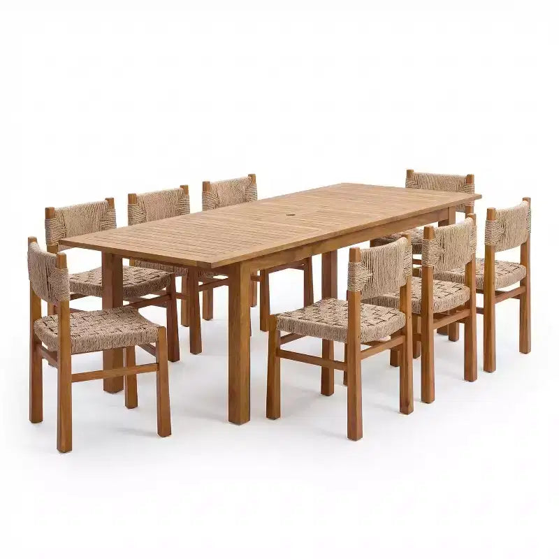 Christopher Knight Home Fineas Set da Pranzo da Esterno Bohemien a 9 Pezzi in Legno di Acacia con Tavolo Espandibile a Doghe e Design in Vimini