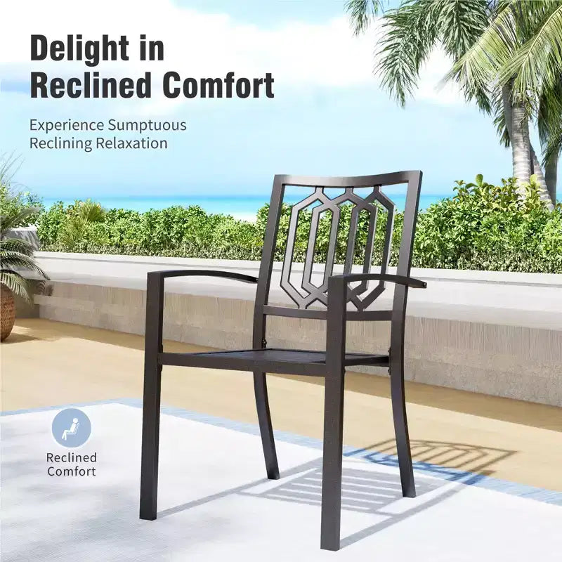 Captiva Designs Set da pranzo da 8 pezzi per esterni con tavolo rettangolare in acciaio con piano a doghe, sedie impilabili in metallo e ombrellone blu da 4 metri