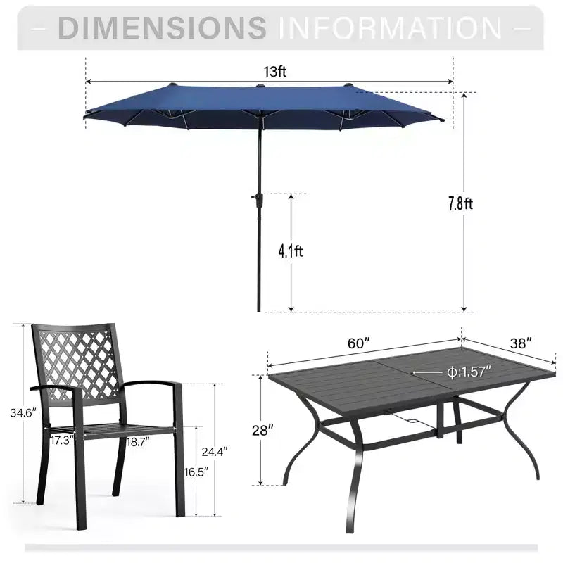 Captiva Designs Set da pranzo da 8 pezzi per esterni con tavolo rettangolare in acciaio con piano a doghe, sedie impilabili in metallo e ombrellone blu da 4 metri