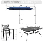 Captiva Designs Set da pranzo da 8 pezzi per esterni con tavolo rettangolare in acciaio con piano a doghe, sedie impilabili in metallo e ombrellone blu da 4 metri