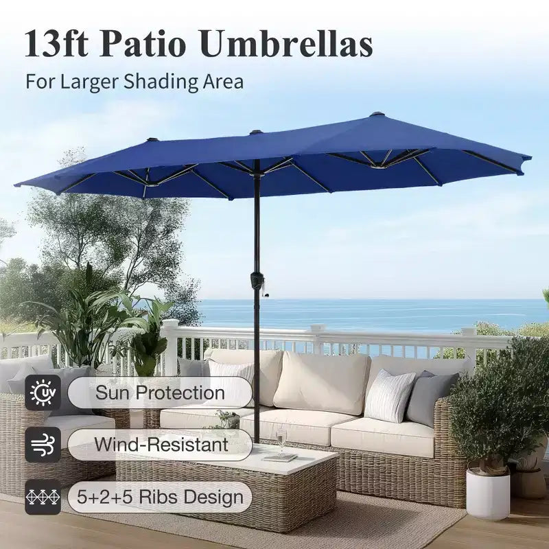 Captiva Designs Set da pranzo da 8 pezzi per esterni con tavolo rettangolare in acciaio con piano a doghe, sedie impilabili in metallo e ombrellone blu da 4 metri