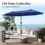 Captiva Designs Set da pranzo da 8 pezzi per esterni con tavolo rettangolare in acciaio con piano a doghe, sedie impilabili in metallo e ombrellone blu da 4 metri
