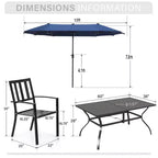 Captiva Designs Set da pranzo da 8 pezzi per esterni con tavolo rettangolare in acciaio con piano a doghe, sedie impilabili in metallo e ombrellone blu da 4 metri