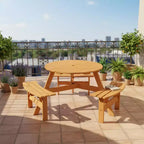 Table de pique-nique ronde d'extérieur Gymax 6 places avec 3 bancs intégrés et 2 trous pour parasol pour Patio Pelouse Jardin Marron/Jaune