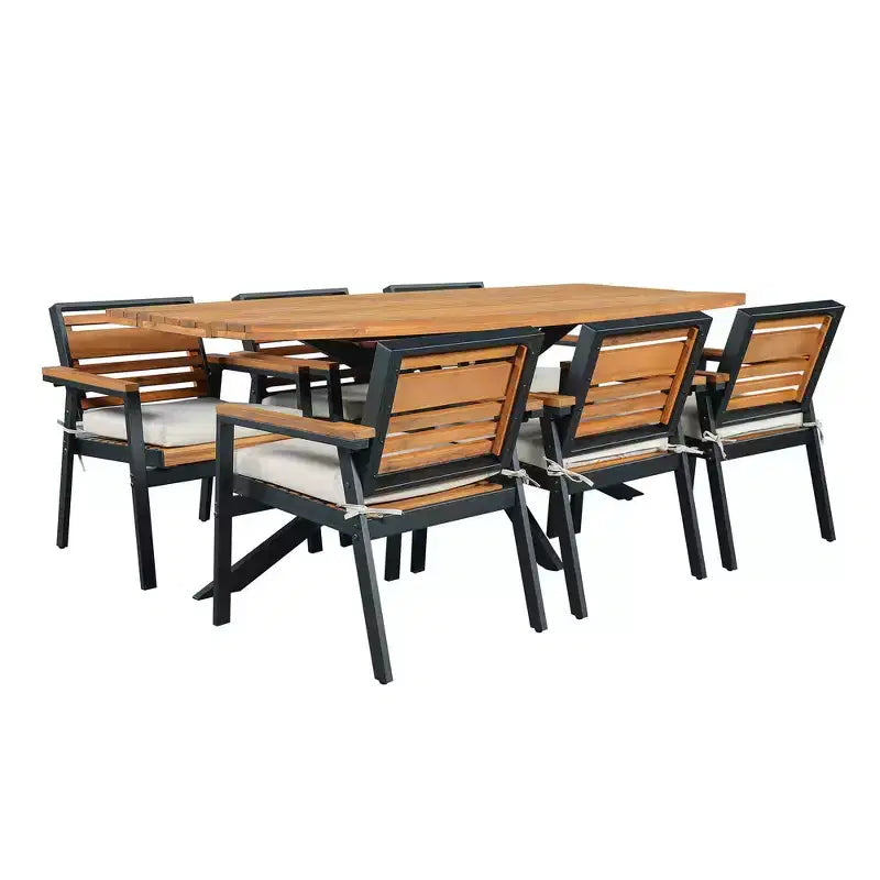 Set da pranzo per esterno Whisen da 7 pezzi per 6 persone, set tavolo e sedie da patio, set da pranzo da giardino, 1 tavolo da pranzo rettangolare e 6 sedie con cuscini