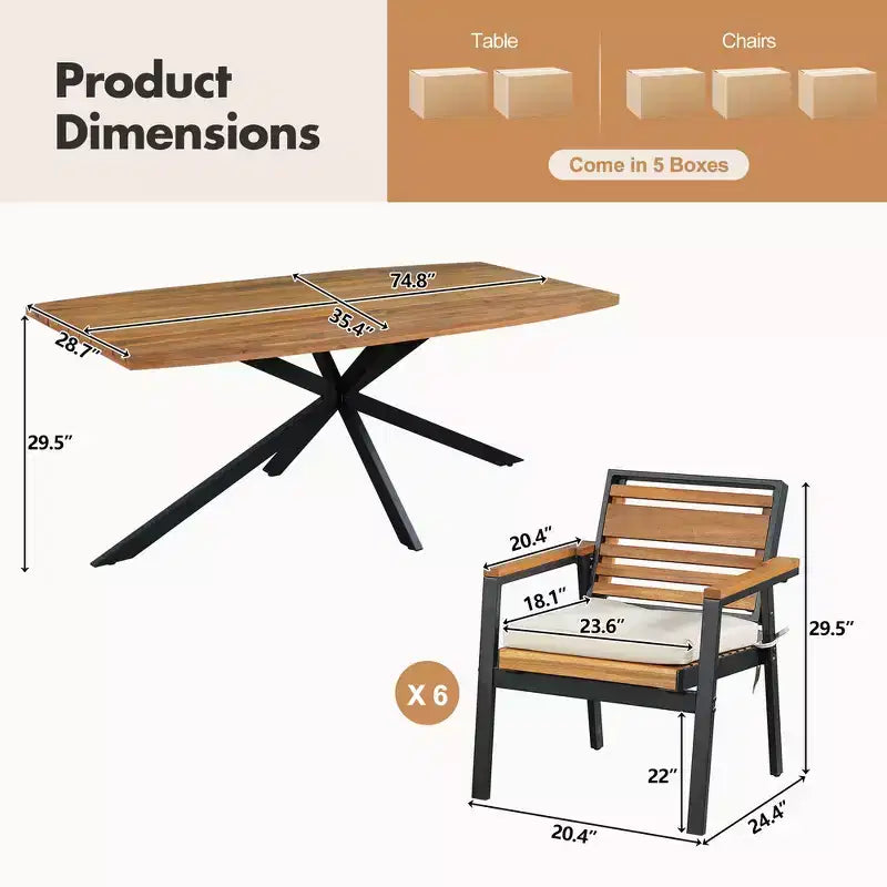 Set da pranzo per esterno Whisen da 7 pezzi per 6 persone, set tavolo e sedie da patio, set da pranzo da giardino, 1 tavolo da pranzo rettangolare e 6 sedie con cuscini