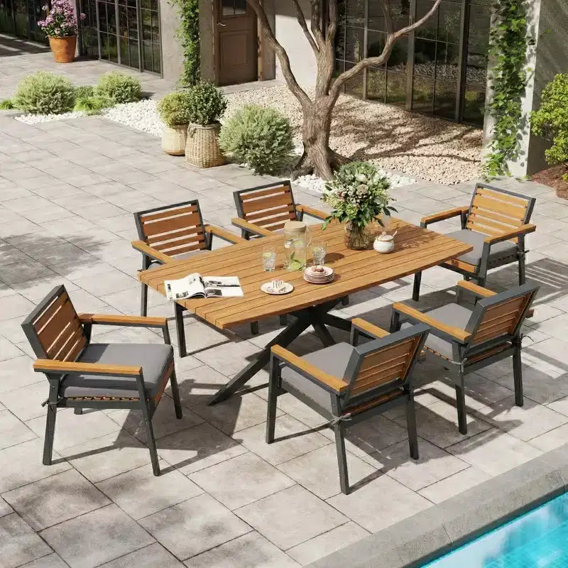 Ensemble de salle à manger d'extérieur 7 pièces Whisen pour 6, ensemble table et chaises de patio, ensemble de salle à manger de jardin, 1 table de salle à manger rectangulaire et 6 chaises avec coussins