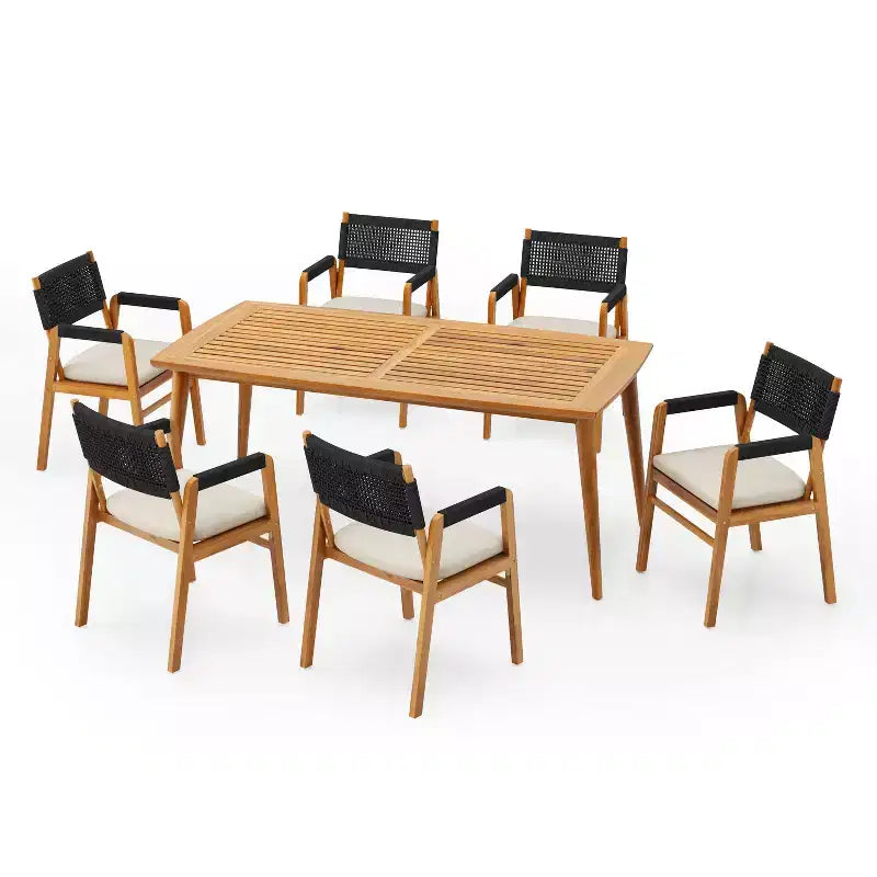 Set da pranzo per esterni ModernLuxe, set conversazione da patio da 7 pezzi in legno di acacia con poltrone in corda intrecciata