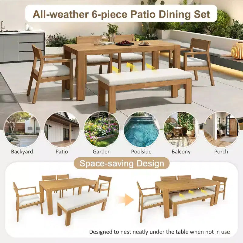 Ensemble de salle à manger Polibi 6 places en acacia pour terrasse avec table à trou pour parasol, banc rembourré et 4 fauteuils