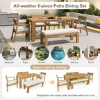 Ensemble de salle à manger Polibi 6 places en acacia pour terrasse avec table à trou pour parasol, banc rembourré et 4 fauteuils
