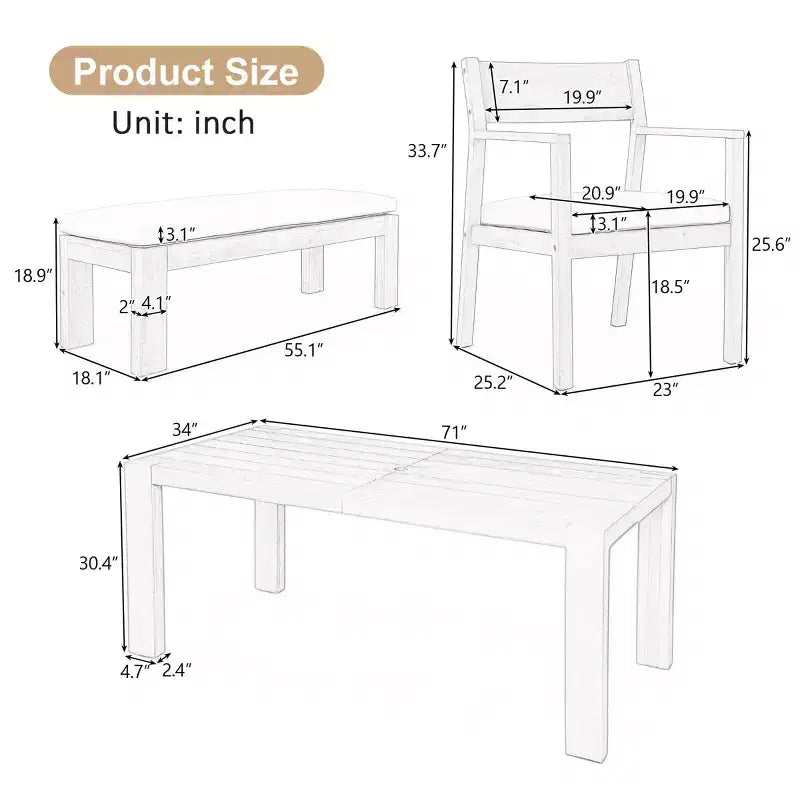 Ensemble de salle à manger Polibi 6 places en acacia pour terrasse avec table à trou pour parasol, banc rembourré et 4 fauteuils