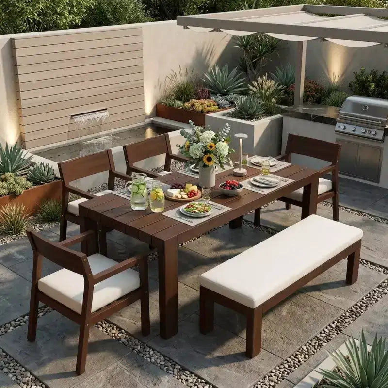 Ensemble de salle à manger Polibi 6 places en acacia pour terrasse avec table à trou pour parasol, banc rembourré et 4 fauteuils