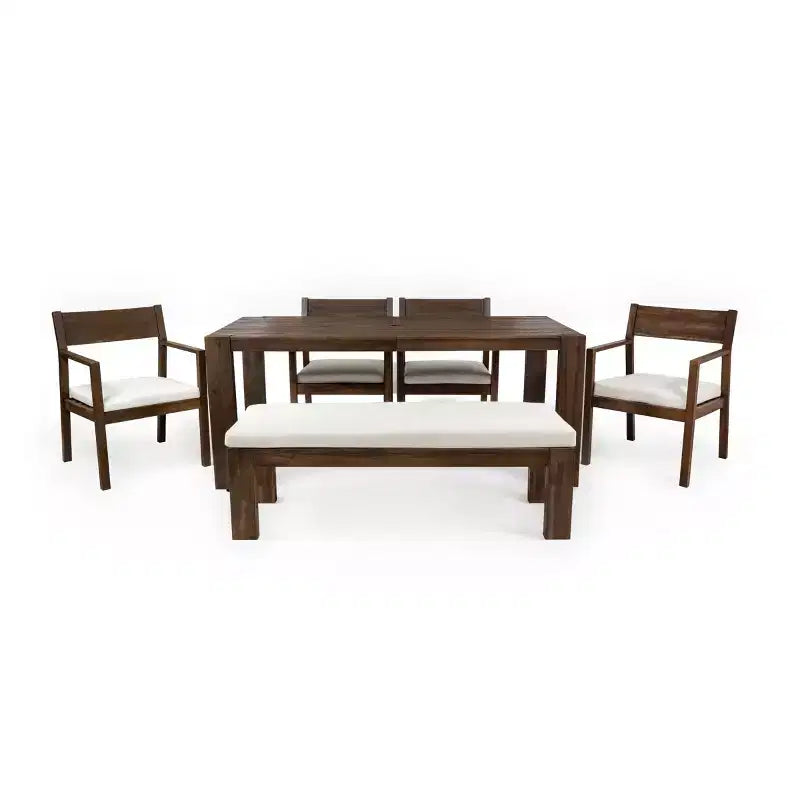 Ensemble de salle à manger Polibi 6 places en acacia pour terrasse avec table à trou pour parasol, banc rembourré et 4 fauteuils