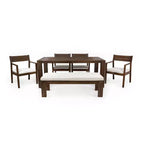 Ensemble de salle à manger Polibi 6 places en acacia pour terrasse avec table à trou pour parasol, banc rembourré et 4 fauteuils