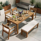 Ensemble de salle à manger Polibi 6 places en acacia pour terrasse avec table à trou pour parasol, banc rembourré et 4 fauteuils
