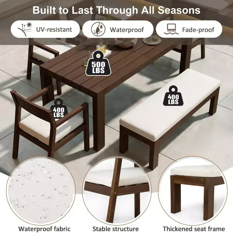 Ensemble de salle à manger Polibi 6 places en acacia pour terrasse avec table à trou pour parasol, banc rembourré et 4 fauteuils