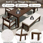 Ensemble de salle à manger Polibi 6 places en acacia pour terrasse avec table à trou pour parasol, banc rembourré et 4 fauteuils