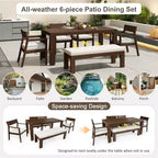 Ensemble de salle à manger Polibi 6 places en acacia pour terrasse avec table à trou pour parasol, banc rembourré et 4 fauteuils