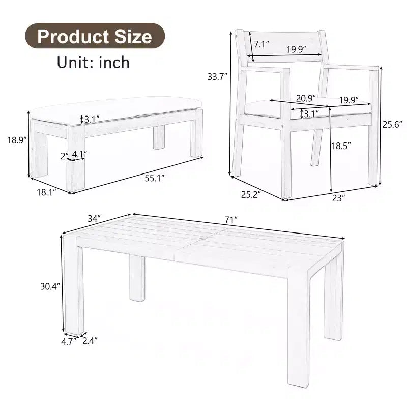 Ensemble de salle à manger Polibi 6 places en acacia pour terrasse avec table à trou pour parasol, banc rembourré et 4 fauteuils