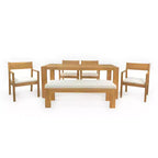 Ensemble de salle à manger Polibi 6 places en acacia pour terrasse avec table à trou pour parasol, banc rembourré et 4 fauteuils