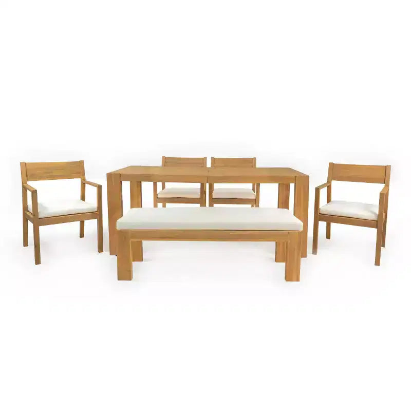 Ensemble de salle à manger Polibi 6 places en acacia pour terrasse avec table à trou pour parasol, banc rembourré et 4 fauteuils