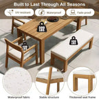 Ensemble de salle à manger Polibi 6 places en acacia pour terrasse avec table à trou pour parasol, banc rembourré et 4 fauteuils