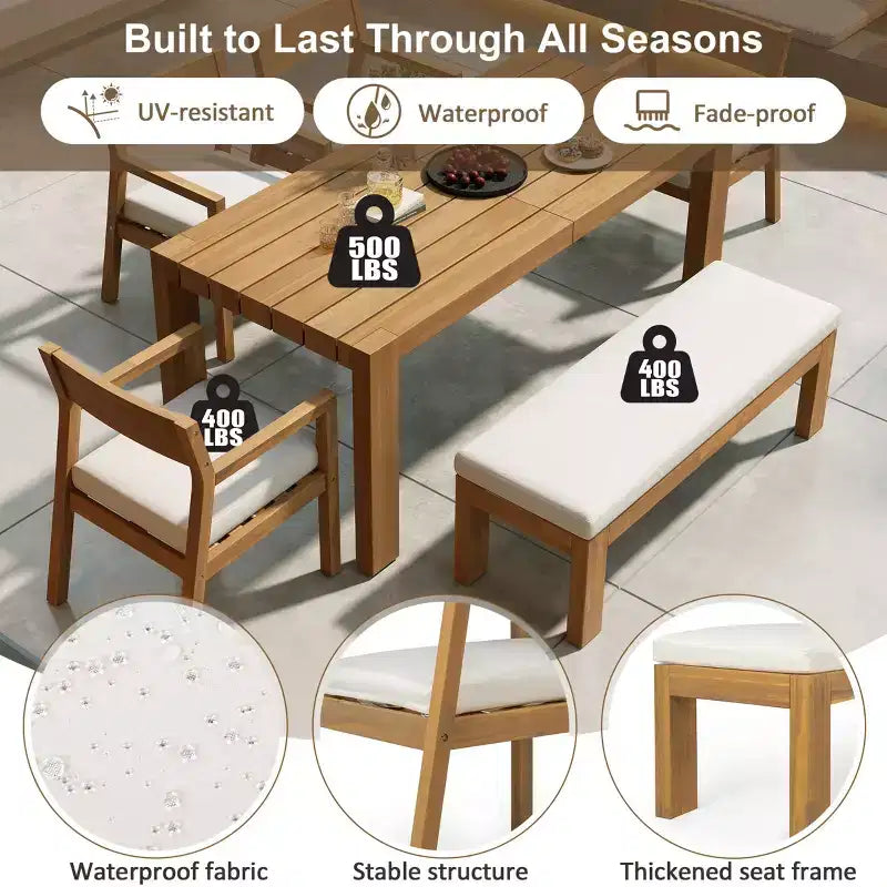 Ensemble de salle à manger Polibi 6 places en acacia pour terrasse avec table à trou pour parasol, banc rembourré et 4 fauteuils