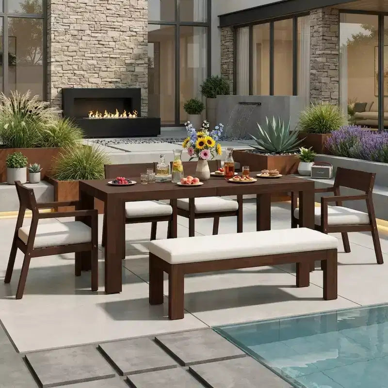 Ensemble de salle à manger Polibi 6 places en acacia pour terrasse avec table à trou pour parasol, banc rembourré et 4 fauteuils