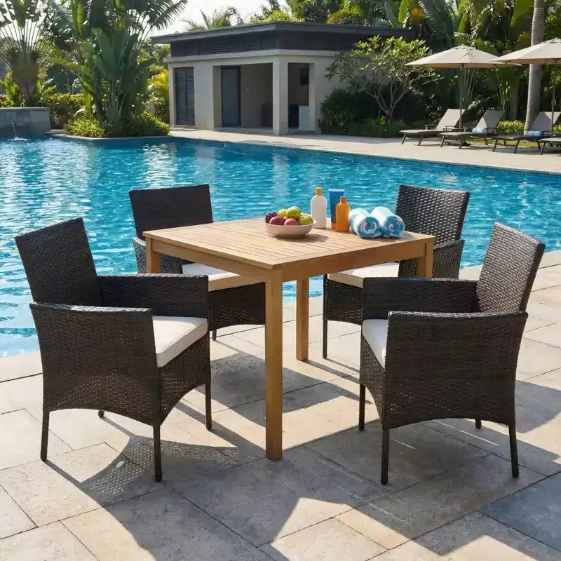 Gymax Set da Pranzo da Esterno 5 Pezzi con Tavolo in Legno di Acacia Sedie Imbottite Foro per Ombrellone da 1,9" per Giardino