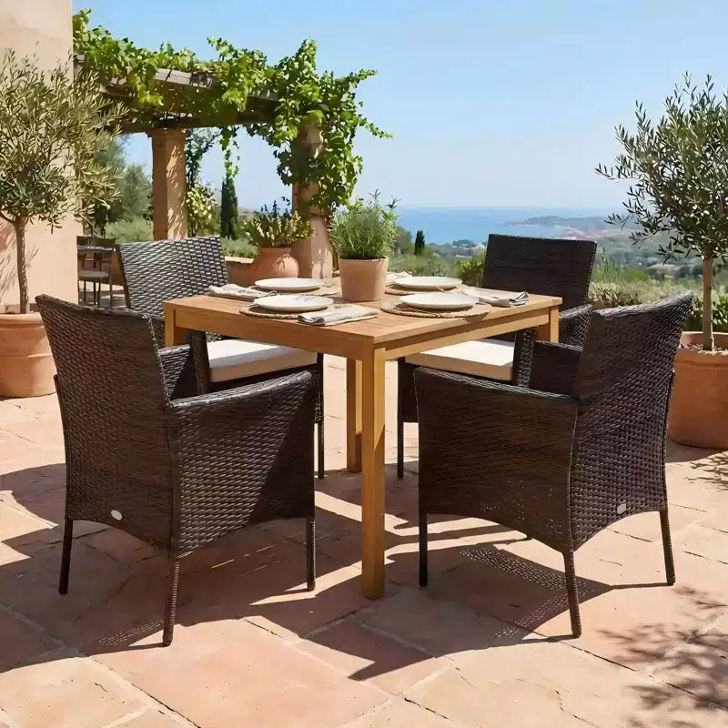 Gymax Set da Pranzo da Esterno 5 Pezzi con Tavolo in Legno di Acacia Sedie Imbottite Foro per Ombrellone da 1,9" per Giardino