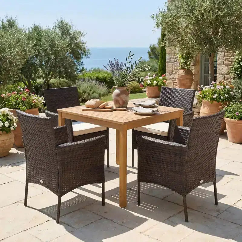 Gymax Set da Pranzo da Esterno 5 Pezzi con Tavolo in Legno di Acacia Sedie Imbottite Foro per Ombrellone da 1,9" per Giardino