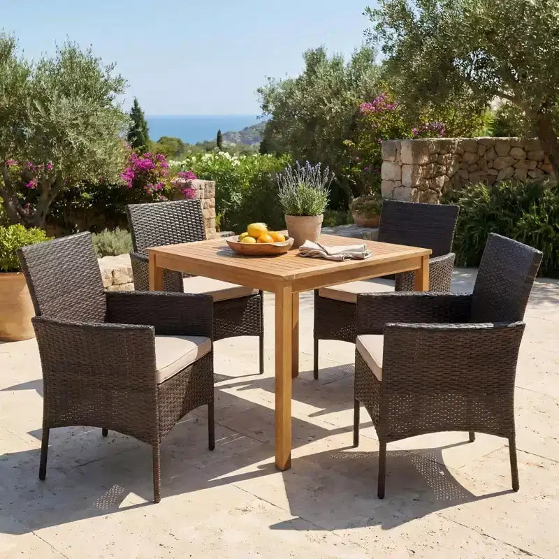 Gymax Set da Pranzo da Esterno 5 Pezzi con Tavolo in Legno di Acacia Sedie Imbottite Foro per Ombrellone da 1,9" per Giardino