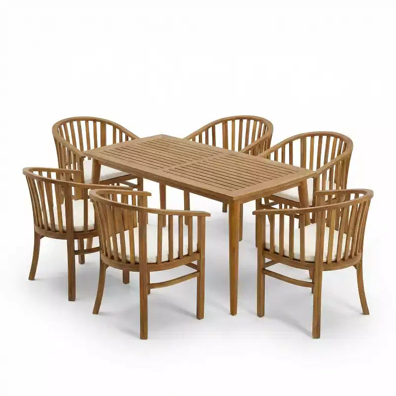 Christopher Knight Home Estrella — Ensemble de salle à manger moderne de 7 pièces pour patio en acacia avec table à lattes et coussins