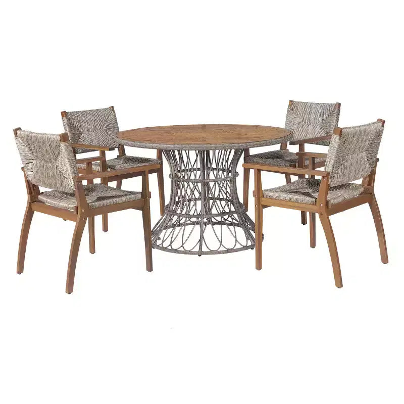 Set da Pranzo da Esterno a 5 Pezzi con Tavolo Rotondo in Legno di Acacia e 4 Poltrone Intrecciate, Mobili da Giardino Moderni per Cortile, Terrazza-Panipeachy