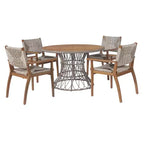 Set da Pranzo da Esterno a 5 Pezzi con Tavolo Rotondo in Legno di Acacia e 4 Poltrone Intrecciate, Mobili da Giardino Moderni per Cortile, Terrazza-Panipeachy