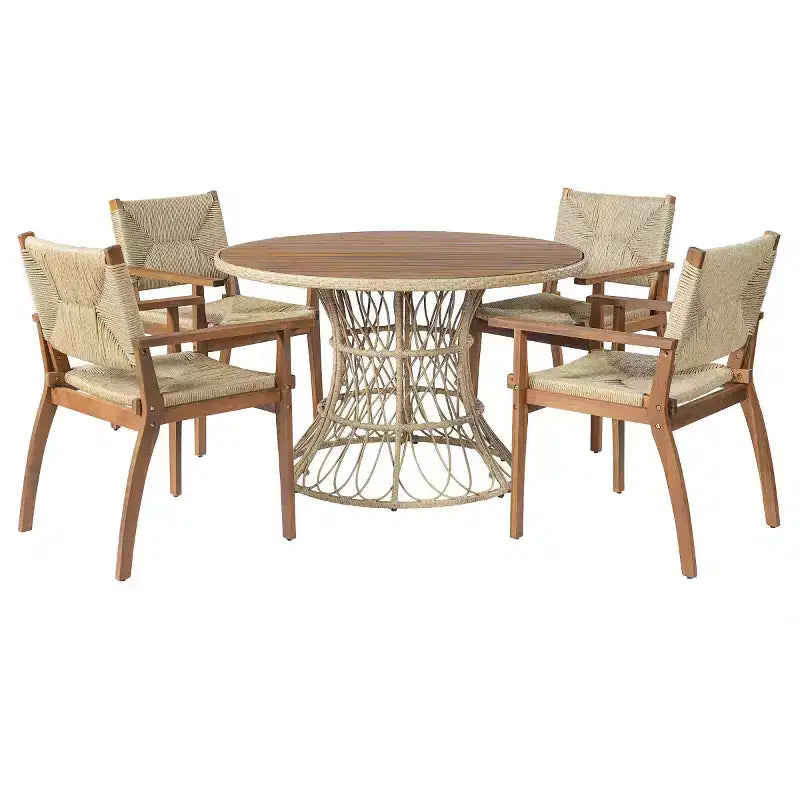 Set da Pranzo da Esterno a 5 Pezzi con Tavolo Rotondo in Legno di Acacia e 4 Poltrone Intrecciate, Mobili da Giardino Moderni per Cortile, Terrazza-Panipeachy