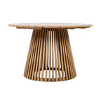 Set da pranzo da esterno con piedistallo rotondo, tavolo in legno di acacia a 5 pezzi con piano a doghe e 4 sedie con schienale intrecciato con cuscini per patio-Panipeachy