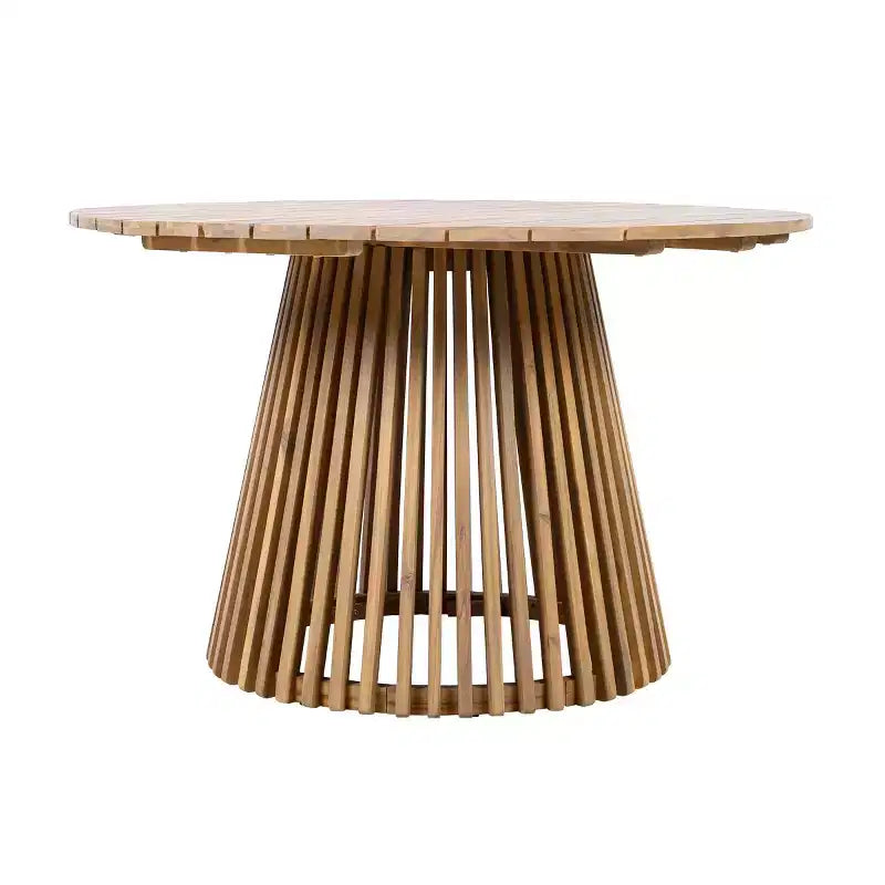 Set da pranzo da esterno con piedistallo rotondo, tavolo in legno di acacia a 5 pezzi con piano a doghe e 4 sedie con schienale intrecciato con cuscini per patio-Panipeachy