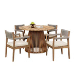 Set da pranzo da esterno con piedistallo rotondo, tavolo in legno di acacia a 5 pezzi con piano a doghe e 4 sedie con schienale intrecciato con cuscini per patio-Panipeachy