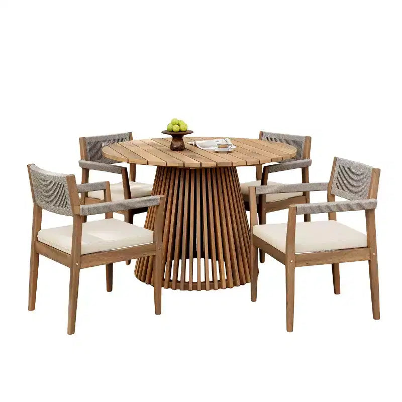 Set da pranzo da esterno con piedistallo rotondo, tavolo in legno di acacia a 5 pezzi con piano a doghe e 4 sedie con schienale intrecciato con cuscini per patio-Panipeachy