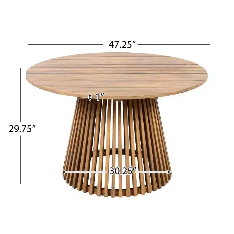 Set da pranzo da esterno con piedistallo rotondo, tavolo in legno di acacia a 5 pezzi con piano a doghe e 4 sedie con schienale intrecciato con cuscini per patio-Panipeachy