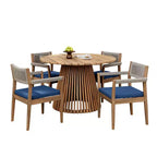 Set da pranzo da esterno con piedistallo rotondo, tavolo in legno di acacia a 5 pezzi con piano a doghe e 4 sedie con schienale intrecciato con cuscini per patio-Panipeachy
