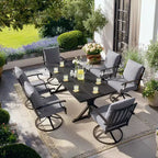 ALAULM Set da Pranzo per Patio 7 Pezzi, Set di Mobili da Esterno in Metallo con 6 Sedie Girevoli Basculanti e Tavolo Grande in Metallo con Foro per Ombrellone per Giardino, Cortile