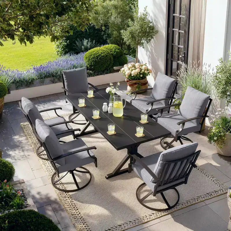 ALAULM Set da Pranzo per Patio 7 Pezzi, Set di Mobili da Esterno in Metallo con 6 Sedie Girevoli Basculanti e Tavolo Grande in Metallo con Foro per Ombrellone per Giardino, Cortile