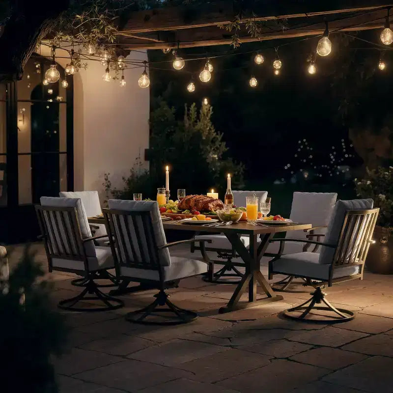 ALAULM Set da Pranzo per Patio 7 Pezzi, Set di Mobili da Esterno in Metallo con 6 Sedie Girevoli Basculanti e Tavolo Grande in Metallo con Foro per Ombrellone per Giardino, Cortile