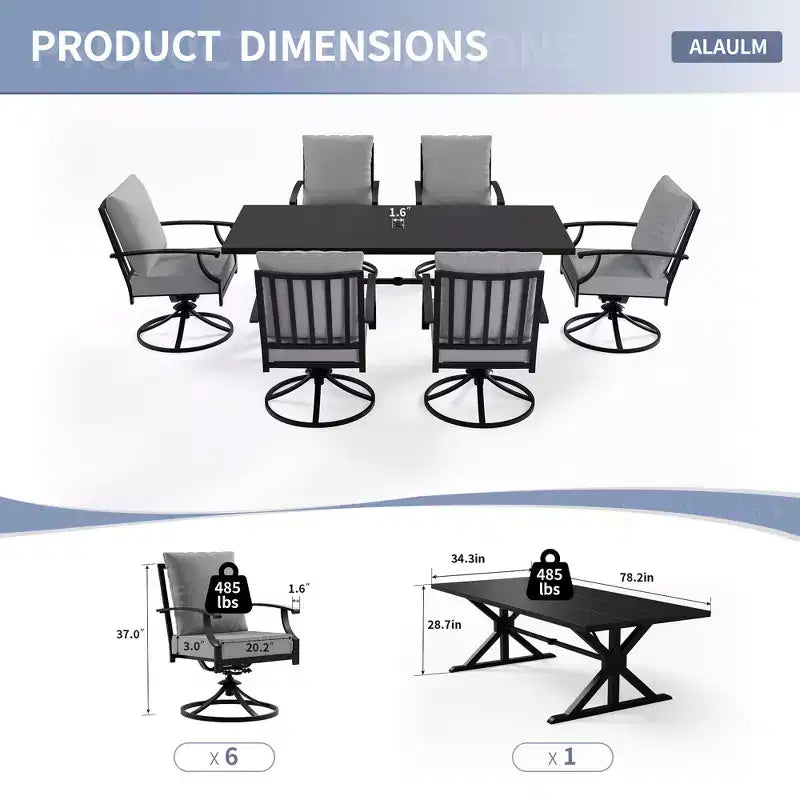 ALAULM Set da Pranzo per Patio 7 Pezzi, Set di Mobili da Esterno in Metallo con 6 Sedie Girevoli Basculanti e Tavolo Grande in Metallo con Foro per Ombrellone per Giardino, Cortile
