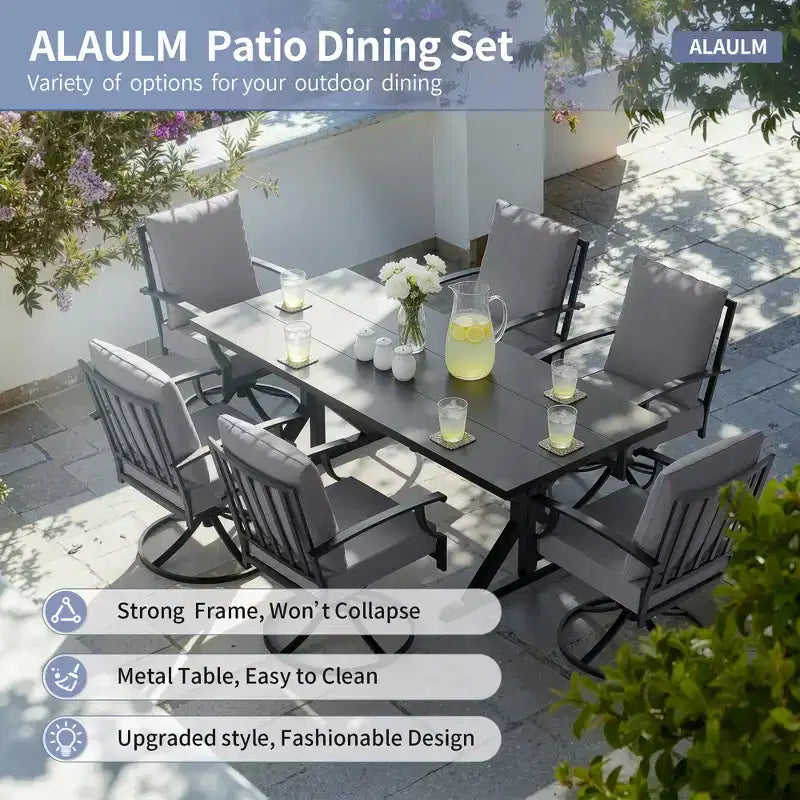 ALAULM Set da Pranzo per Patio 7 Pezzi, Set di Mobili da Esterno in Metallo con 6 Sedie Girevoli Basculanti e Tavolo Grande in Metallo con Foro per Ombrellone per Giardino, Cortile