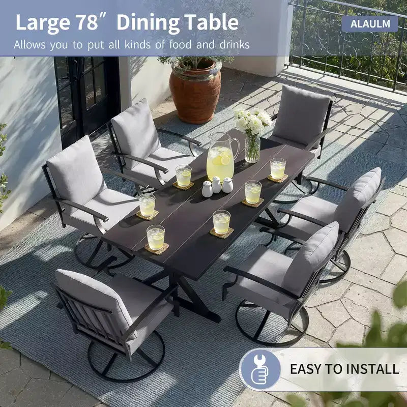 ALAULM Set da Pranzo per Patio 7 Pezzi, Set di Mobili da Esterno in Metallo con 6 Sedie Girevoli Basculanti e Tavolo Grande in Metallo con Foro per Ombrellone per Giardino, Cortile